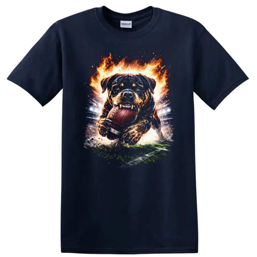 Flaming Football Dog Catching Ball Action Sports T Shirt - Navy (Blue)