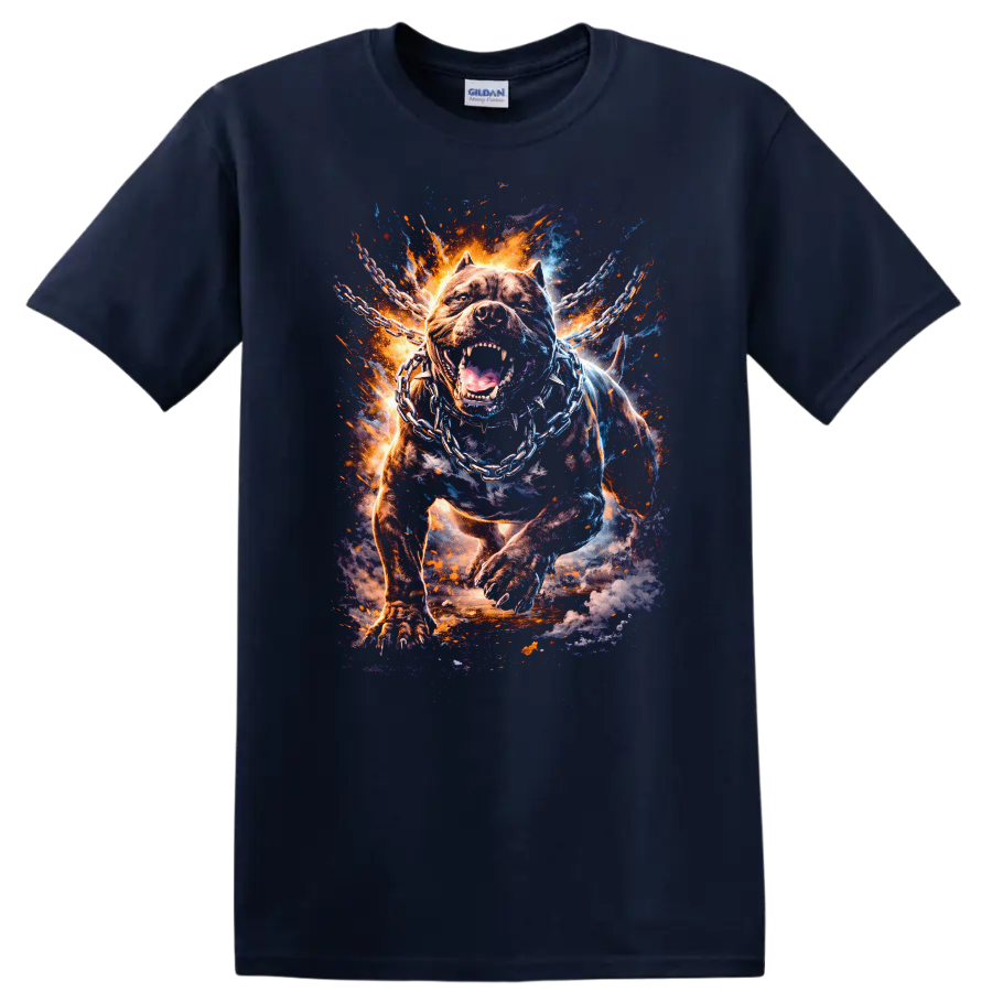 Fierce Pitbull Chains Fire Burst Graphic T Shirt for Dog Lovers - Navy (Blue)