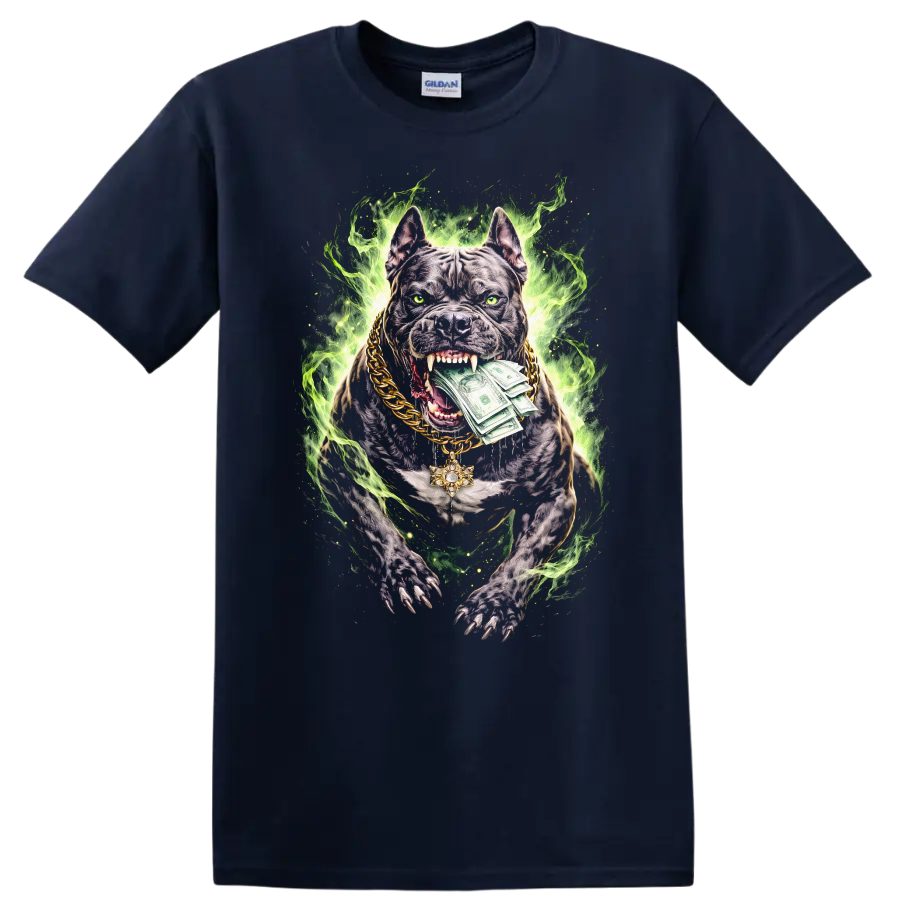Neon Pitbull Money Dog Graphic T Shirt Fierce Streetwear Style - Navy (Blue)