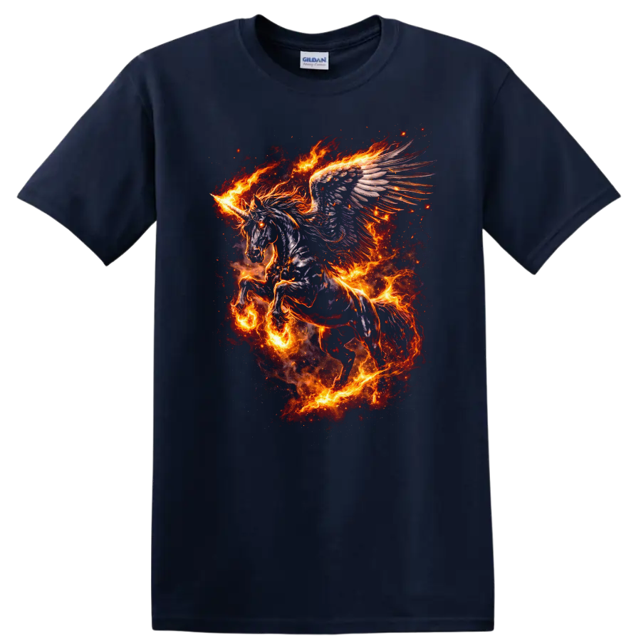Fiery Winged Unicorn T Shirt Fantasy Animal Flame Art Graphic - Navy (Blue)