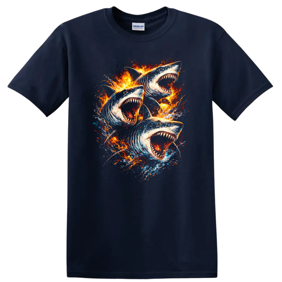 Fire Shark Trio Graphic T Shirt Bold Ocean Predator Design - Navy (Blue)