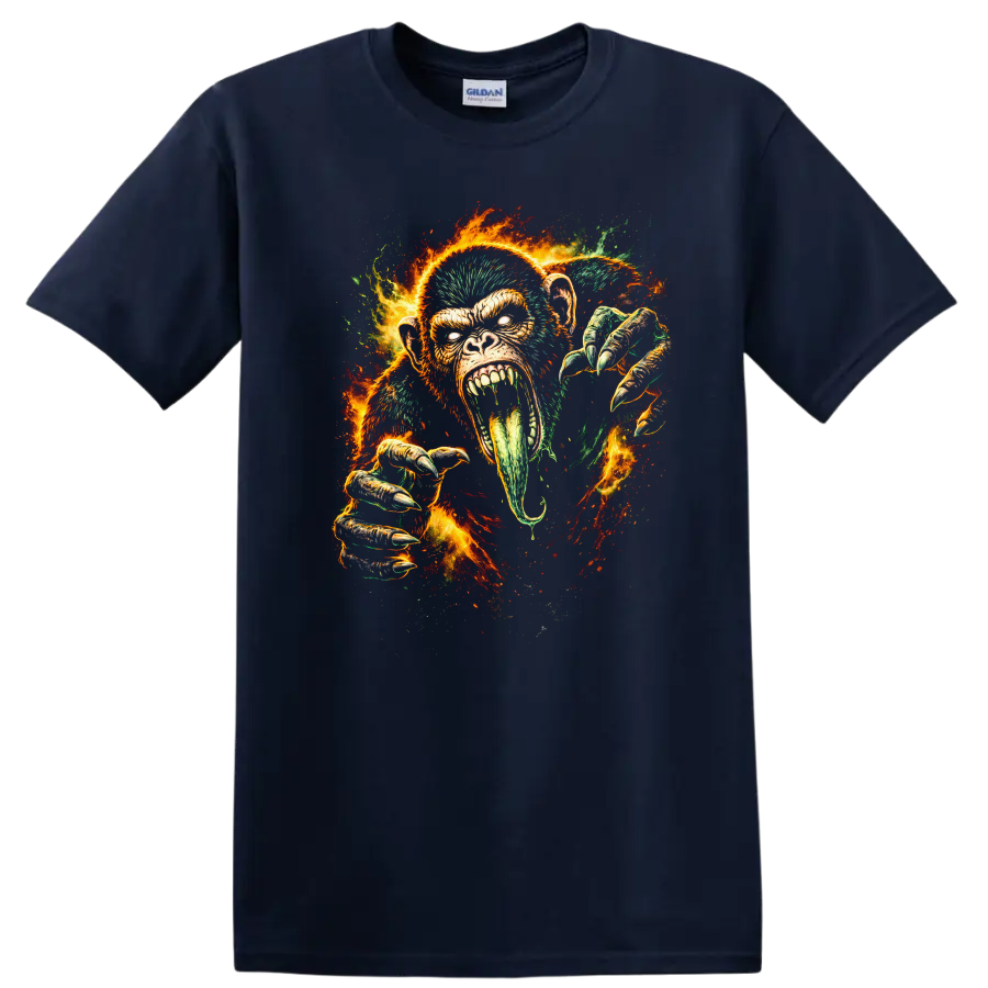 Fiery Angry Gorilla Face T Shirt Bold Primate Animal Graphic - Navy (Blue)