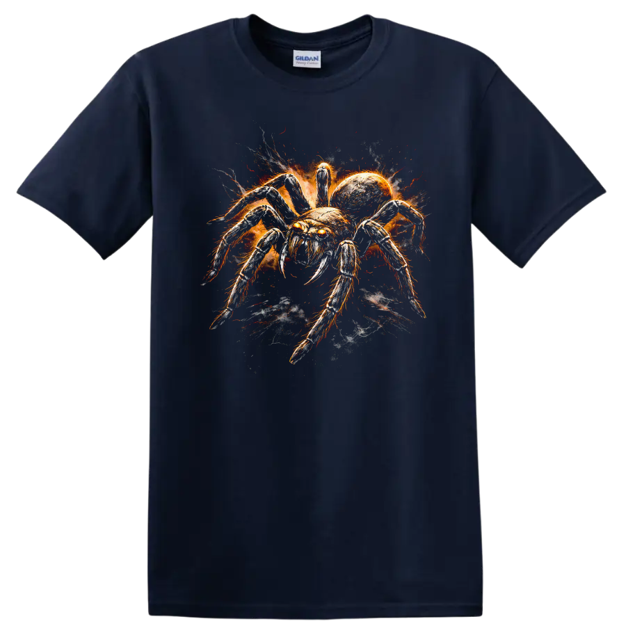 Fiery Spider Animal Art T Shirt Spooky Insect Graphic for Nature Fans - Navy (Blue)