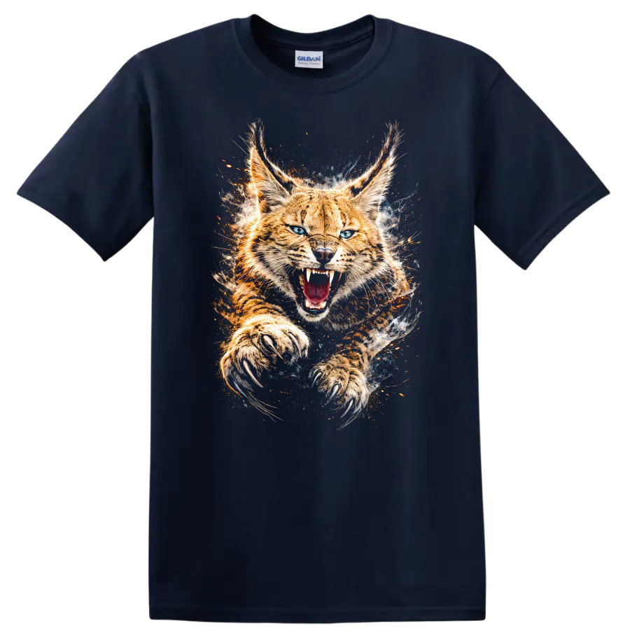 Roaring Bobcat Big Cat Claw Strike T Shirt Wild Animal Graphic - Navy (Blue)