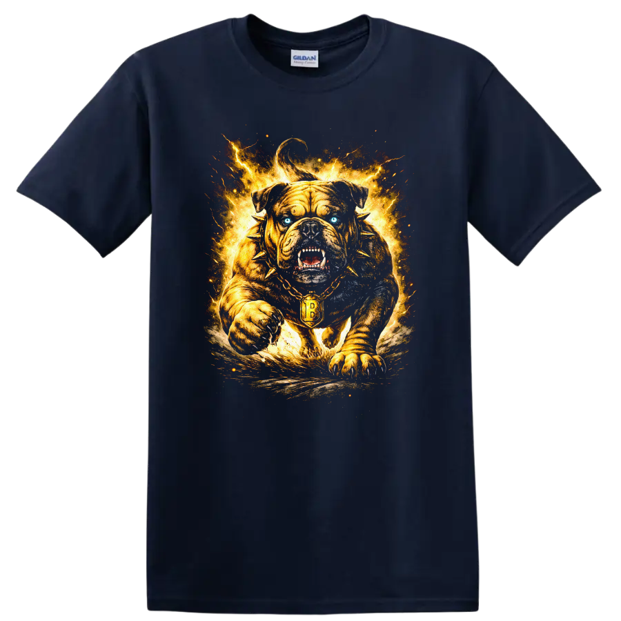 Fierce Bulldog Fireburst T Shirt Golden Gothic Collar Animal Graphic - Navy (Blue)