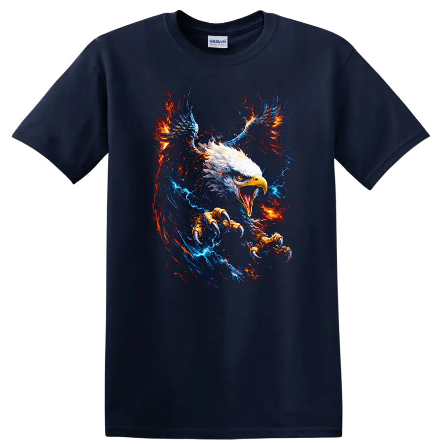 Fiery Eagle Wings Graphic T Shirt Bold Patriotic Animal Art - Navy (Blue)