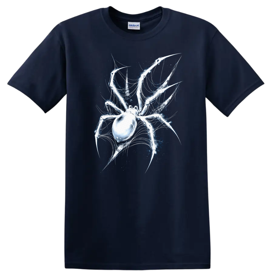 Glowing Spider Web Skull Art T Shirt for Animal and Gothic Style - Navy (Blue)