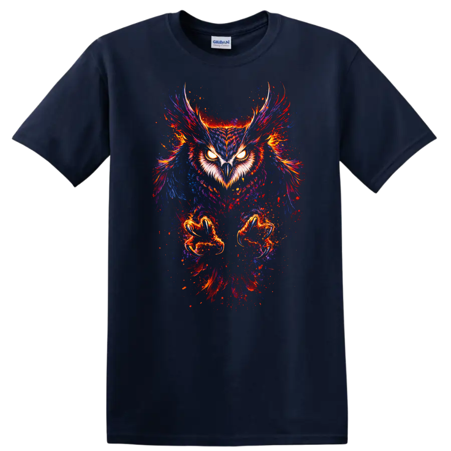 Neon Owl Eyes Wings Animal Art T Shirt for Bold Nature Lovers - Navy (Blue)