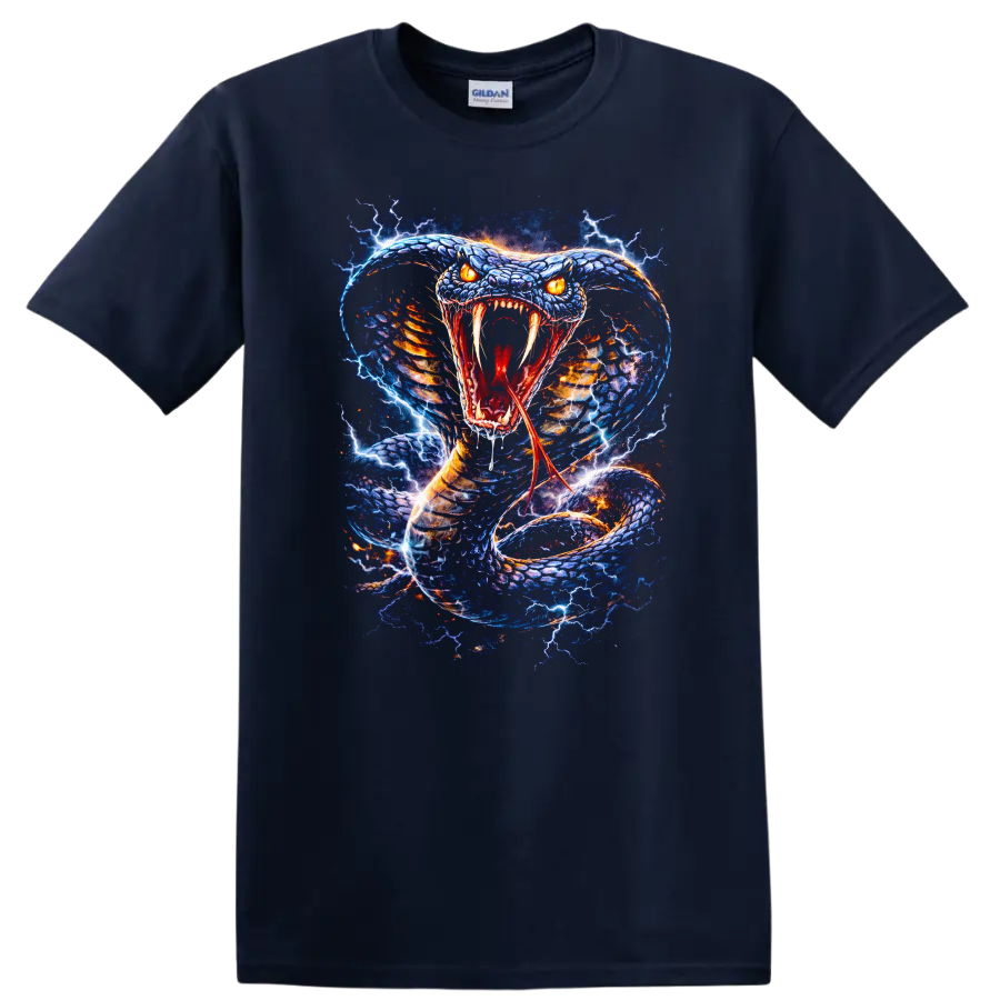 Electric Blue Snake Attack Graphic T Shirt for Reptile Lovers - Navy (Blue)