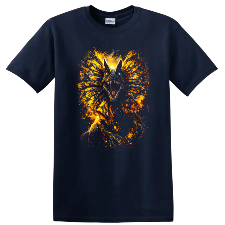 Fiery Dragon Beast Explosion Art Graphic T Shirt for Bold Fantasy Fans - Navy (Blue)
