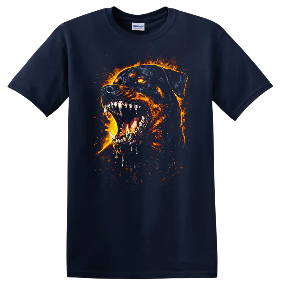 Fiery Rottweiler Dog Face T Shirt Flame Art Animal Graphic - Navy (Blue)
