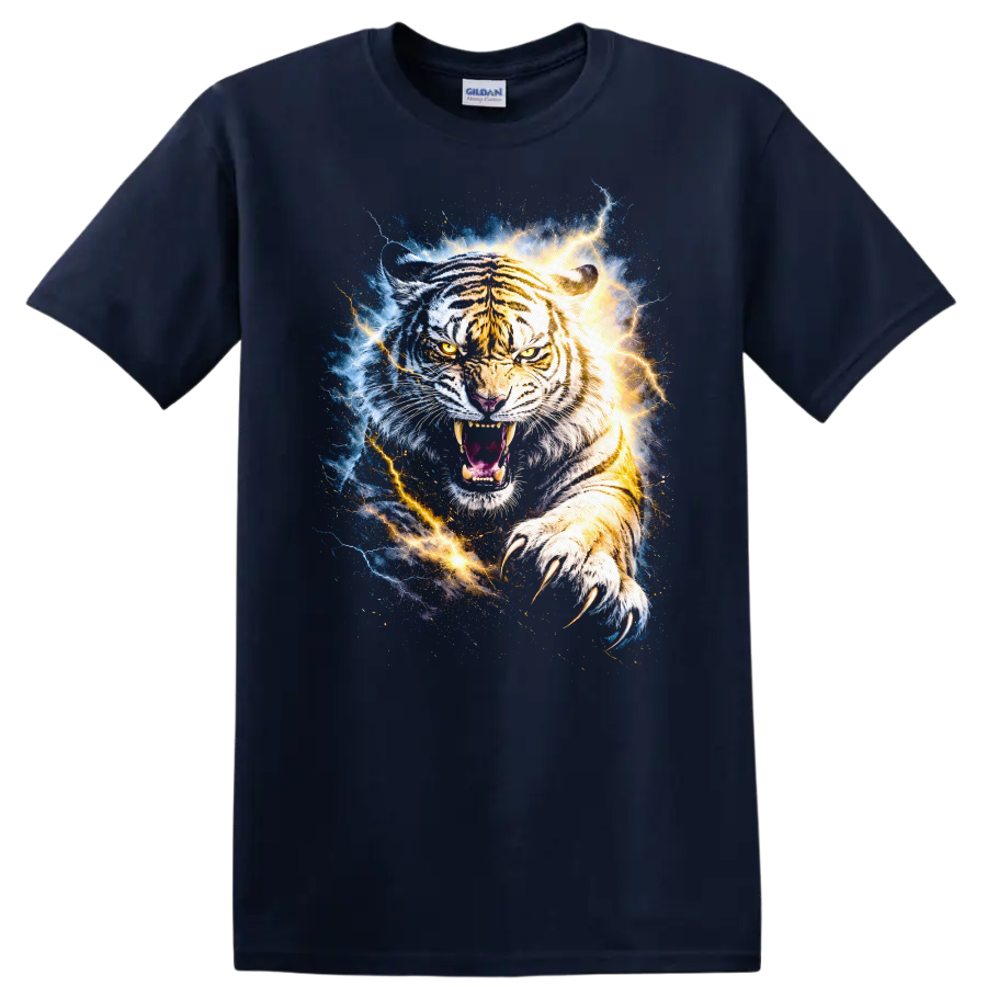 Fierce White Tiger Lightning Burst Graphic T Shirt Unisex Animal Art - Navy (Blue)