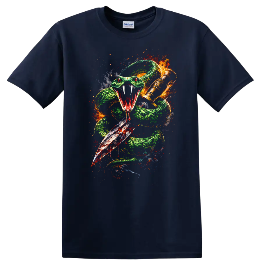 Fierce Snake and Sword Graphic T Shirt Green Fire Fantasy Animal - Navy (Blue)