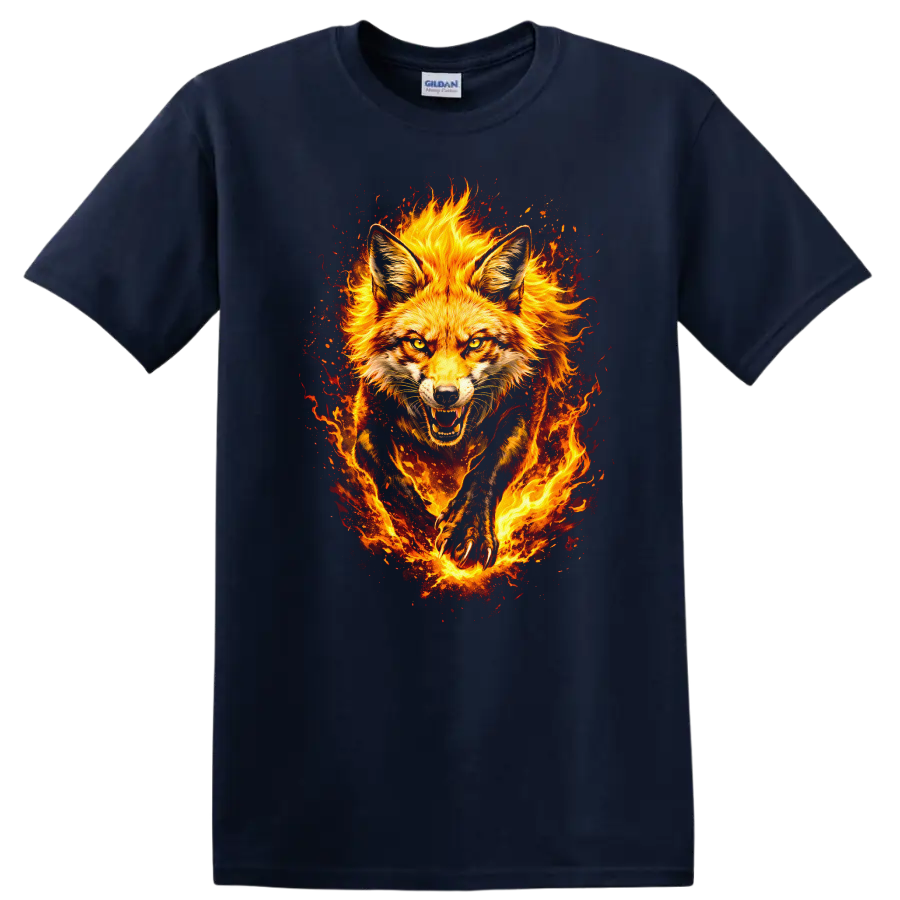 Fiery Fox Animal Art T Shirt Burning Wild Fox Portrait Graphic - Navy (Blue)