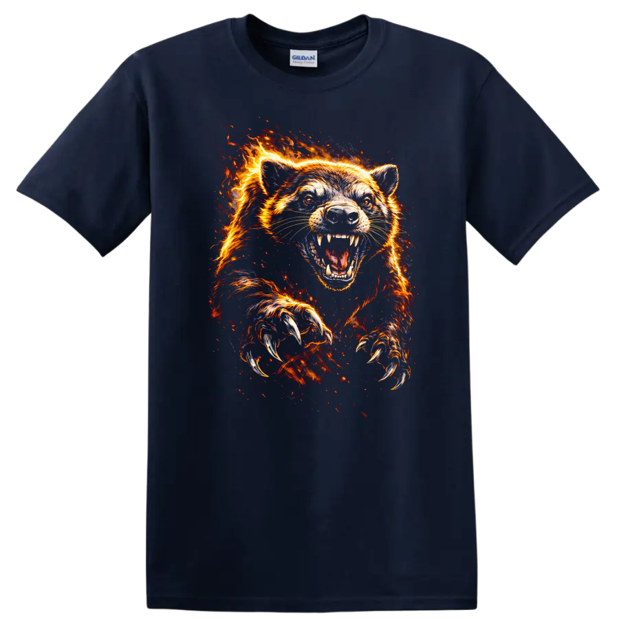 Fire Wolf Bear Roaring Flames Animals Graphic T Shirt - Navy (Blue)
