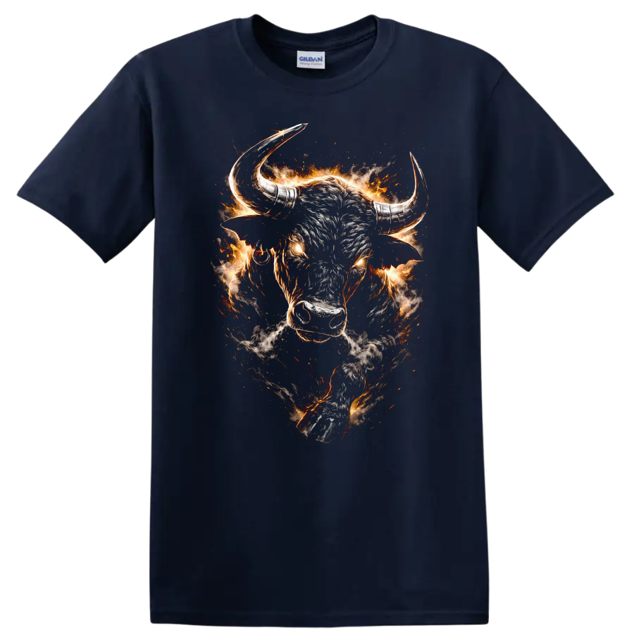 Flaming Bull Head Graphic T Shirt Fierce Western Animal Design - Navy (Blue)