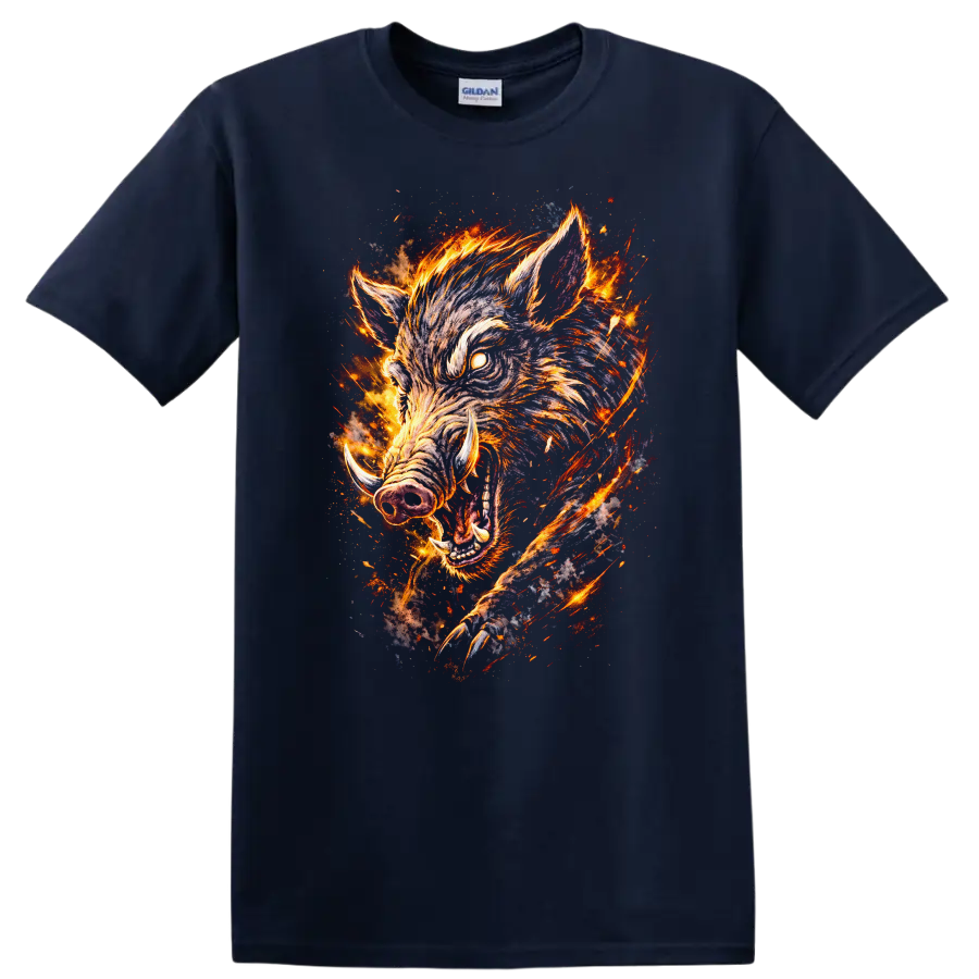 Fiery Wild Boar Graphic T Shirt Burning Animal Wildlife Art - Navy (Blue)