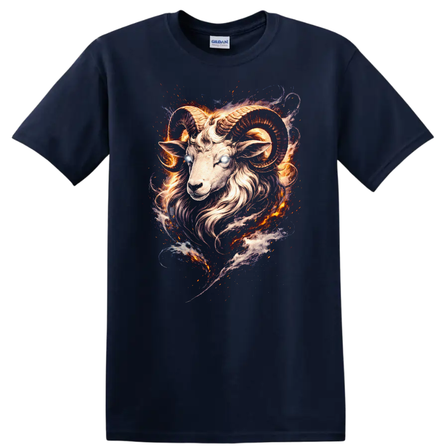 Fiery Ram Goat Head Fantasy Animal Art T Shirt for Bold Style - Navy (Blue)