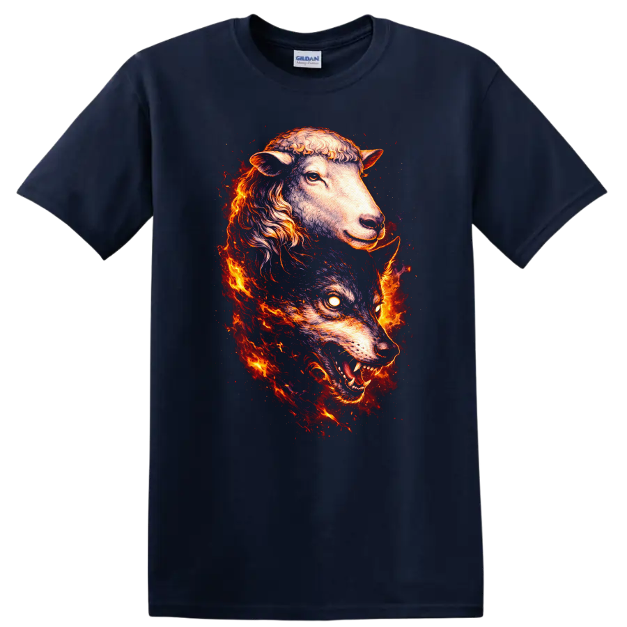 Fiery Sheep and Wolf Spirit Animal Duo T Shirt for Nature Lovers - Navy (Blue)