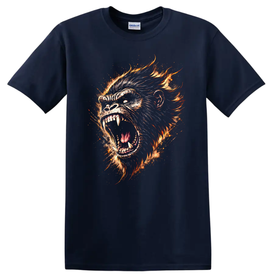 Fiery Gorilla Primate Head Graphic T Shirt for Animal Lovers - Navy (Blue)