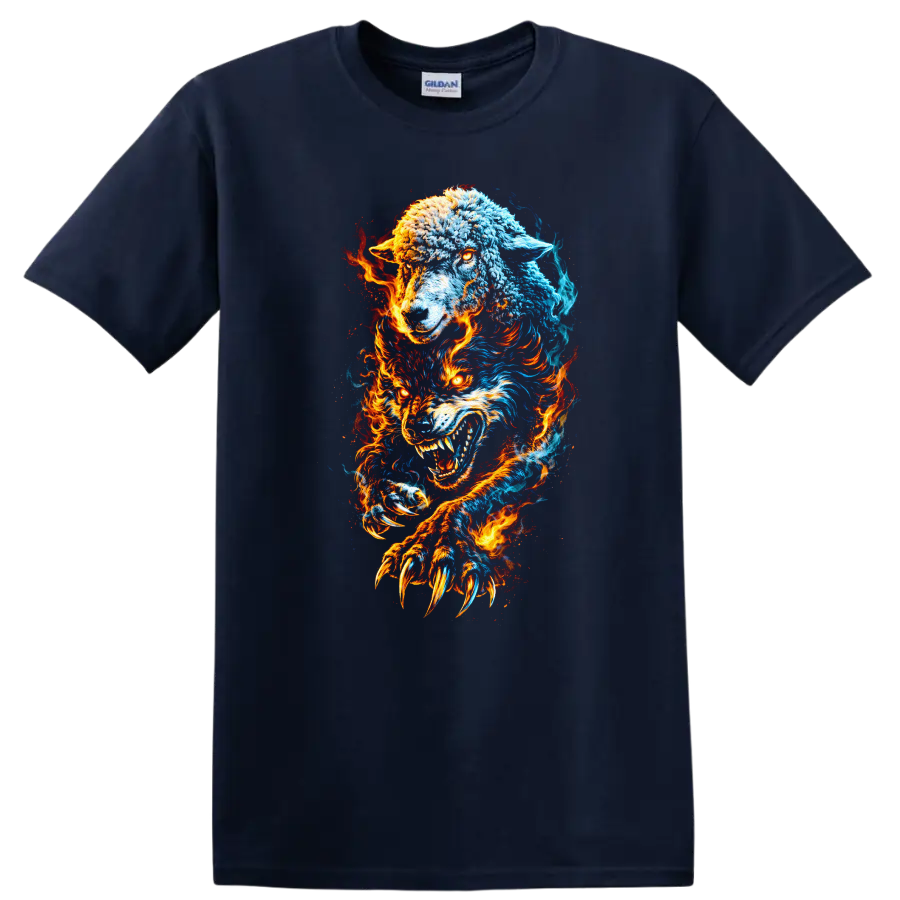 Fire and Ice Wolves Fury T Shirt for Bold Animal Lovers - Navy (Blue)