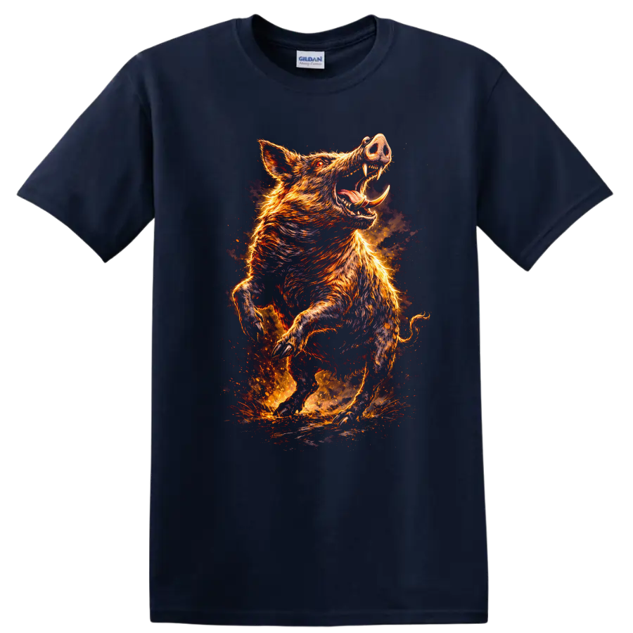 Fiery Wild Boar Attack Graphic T Shirt for Animal Lovers - Navy (Blue)