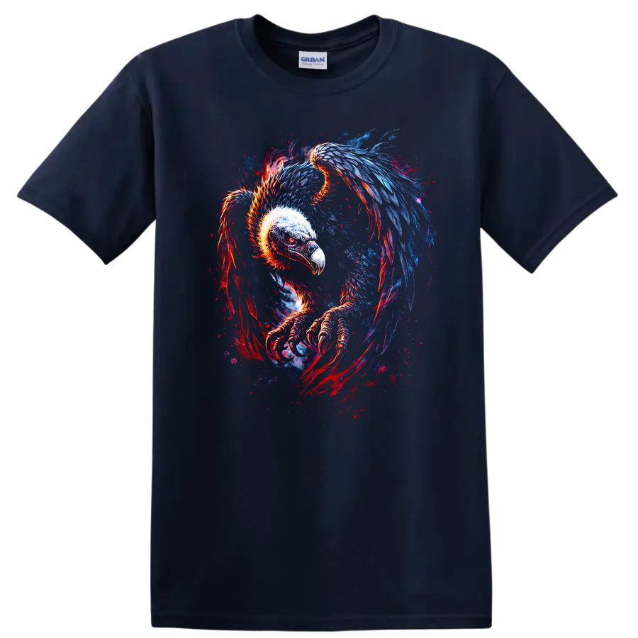 Fiery Neon Vulture Eagle Skeleton T Shirt Psychedelic Animal Art - Navy (Blue)