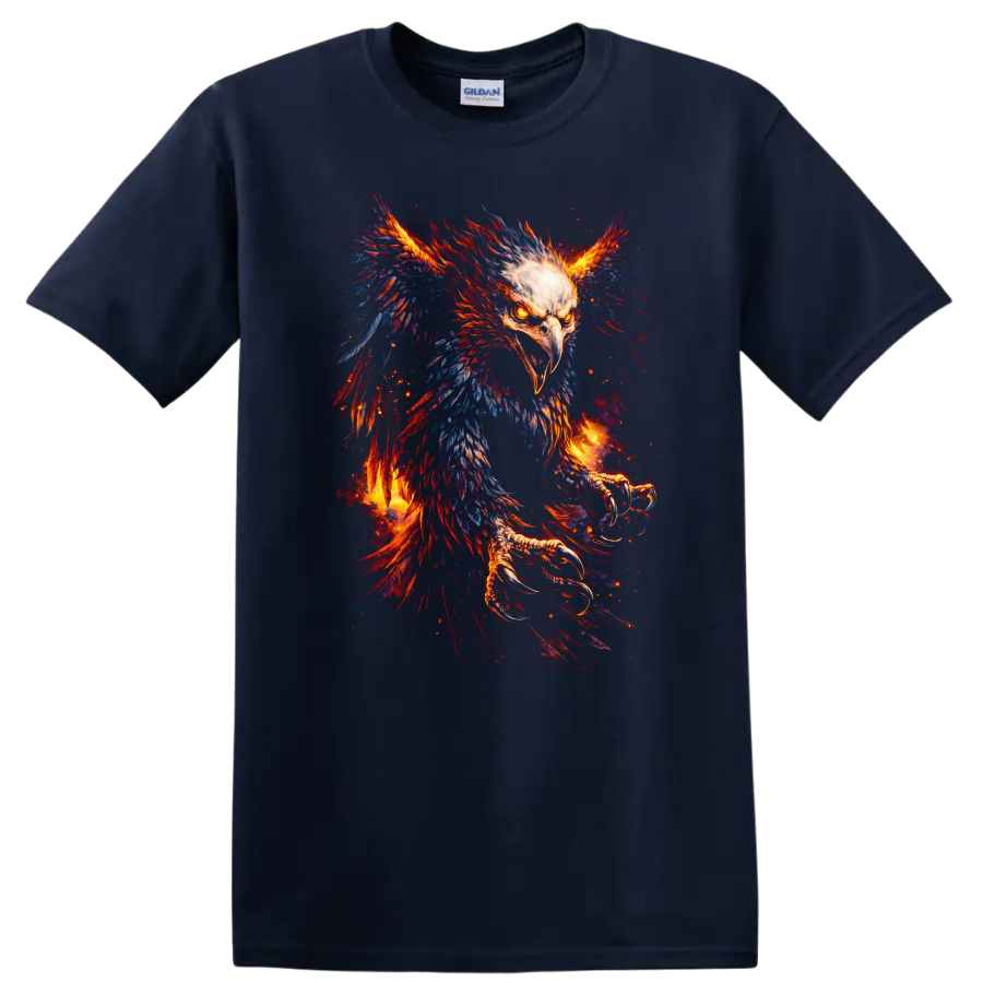 Fiery Phoenix Eagle Bird Art T Shirt for Bold Animal Lovers - Navy (Blue)