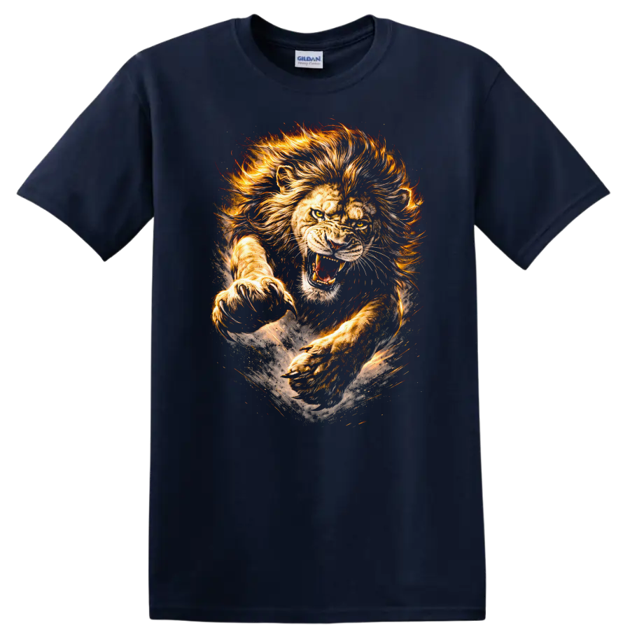 Roaring Lion Fire Mane Wildlife Art T Shirt For Animal Lovers - Navy (Blue)