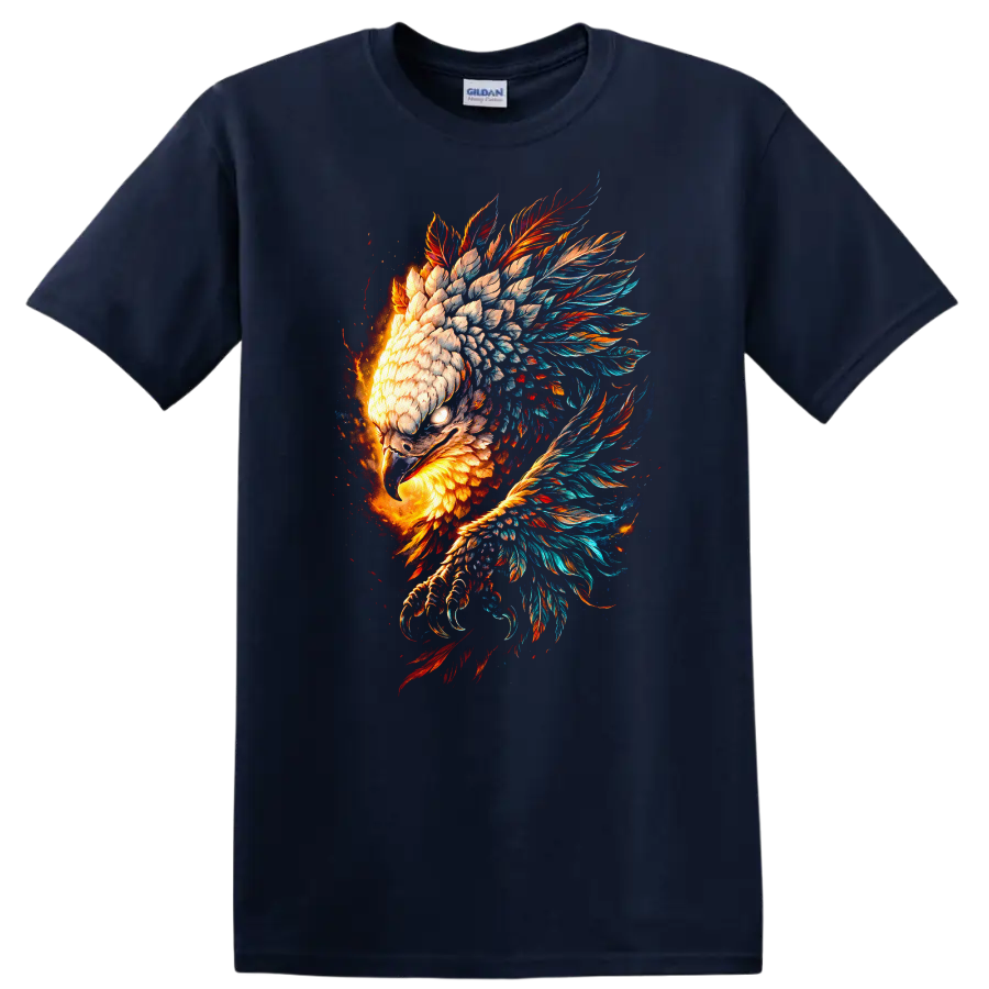 Fiery Phoenix Eagle Feather Burst Animal Art T Shirt - Navy (Blue)