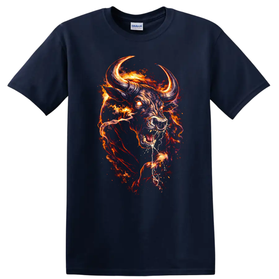 Flaming Bull Head Fire Fury Graphic T Shirt for Bold Animal Art Fans - Navy (Blue)