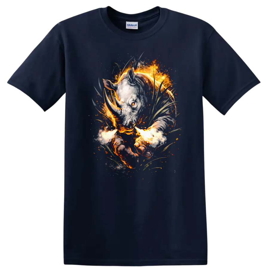 Fiery Rhino Head Animal Art T Shirt Wild Burning Beast Graphic - Navy (Blue)