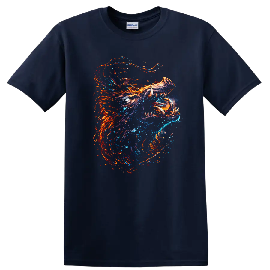 Abstract Neon Wolf Head T Shirt Fierce Fire and Ice Animal Art - Navy (Blue)