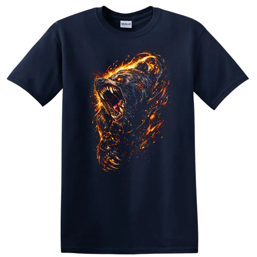 Fierce Flaming Wolf Head T Shirt for Animal Art Lovers - Navy (Blue)
