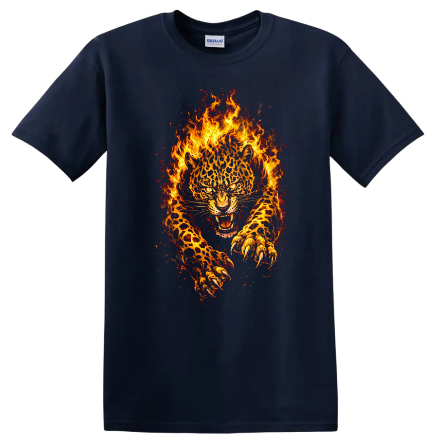 Fiery Leopard Panther T Shirt Wild Flaming Big Cat Animal Graphic - Navy (Blue)