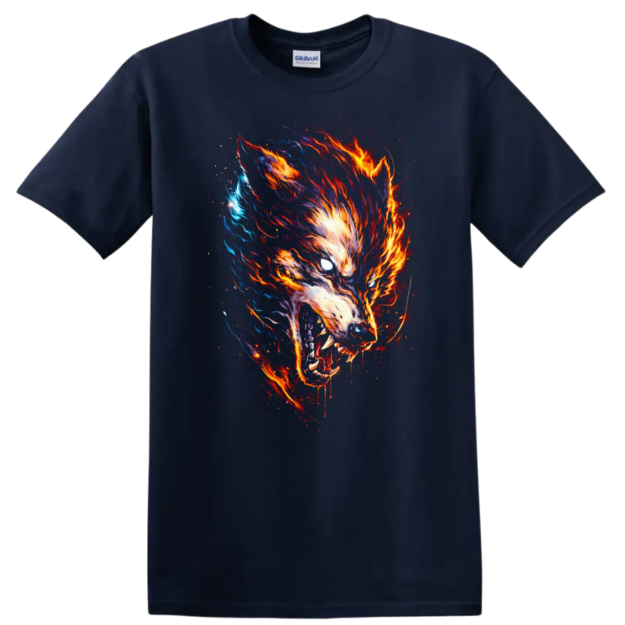Fiery Wolf Head Graphic T Shirt for Animal Art Lovers - Navy (Blue)