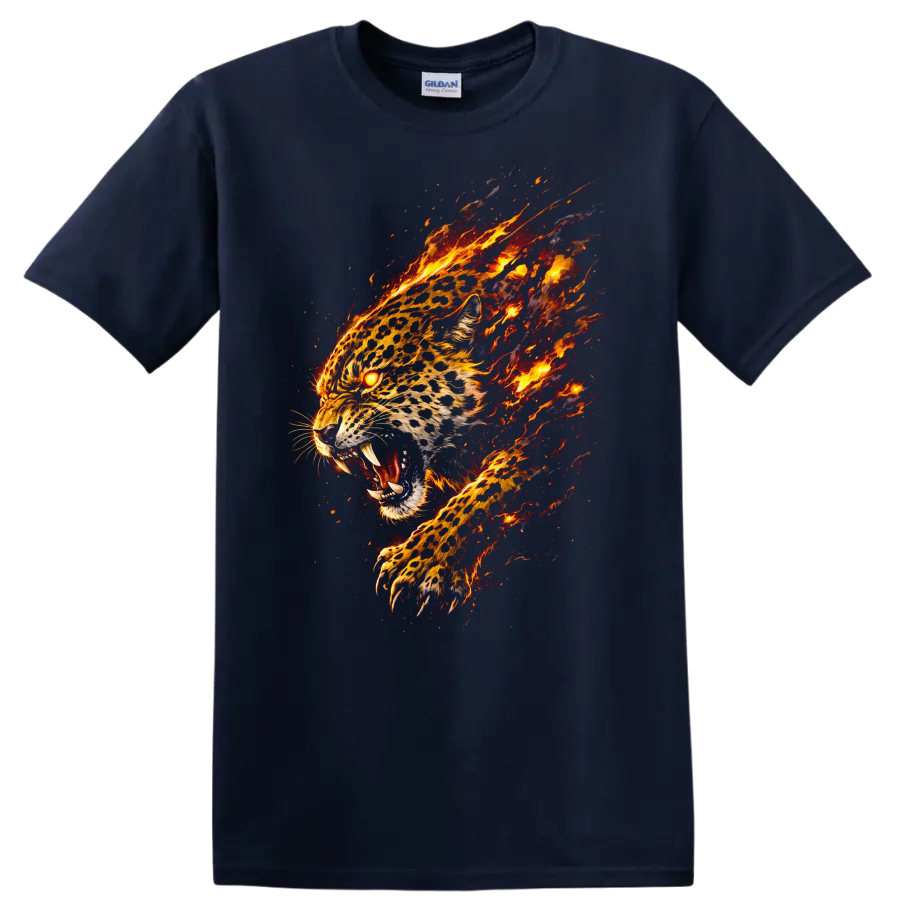 Fiery Flaming Leopard Head T Shirt Bold Animal Graphic for Nature Lovers - Navy (Blue)