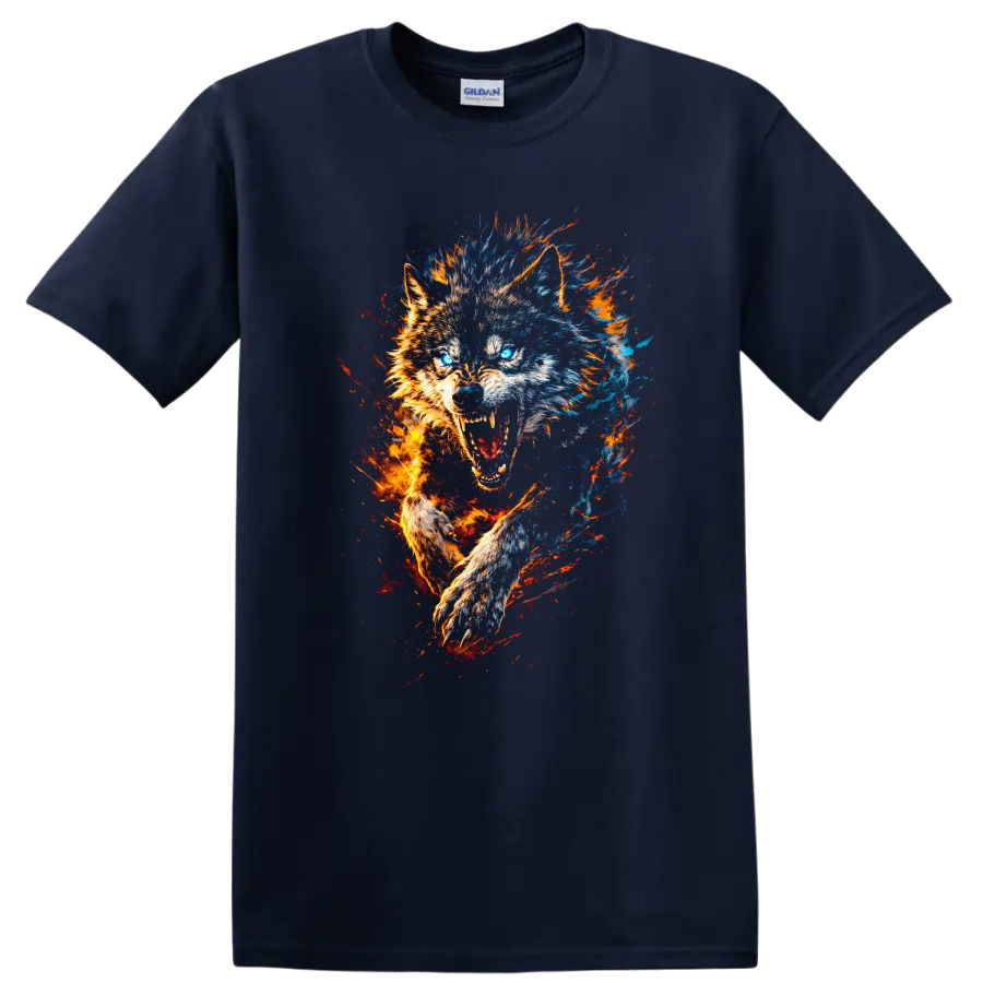 Fiery Wolf Head Graphic T Shirt Blue and Orange Energy Splash - Navy (Blue)