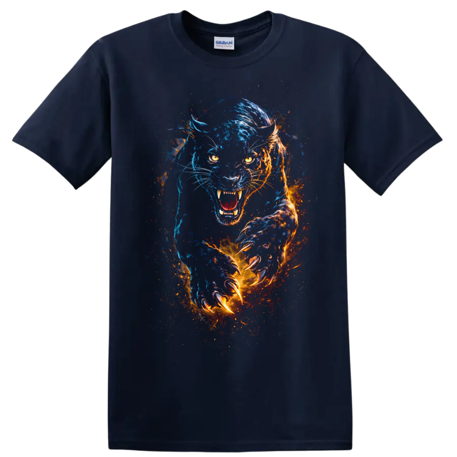 Blue and Orange Fierce Panther Watercolor T Shirt for Animal Lovers - Navy (Blue)