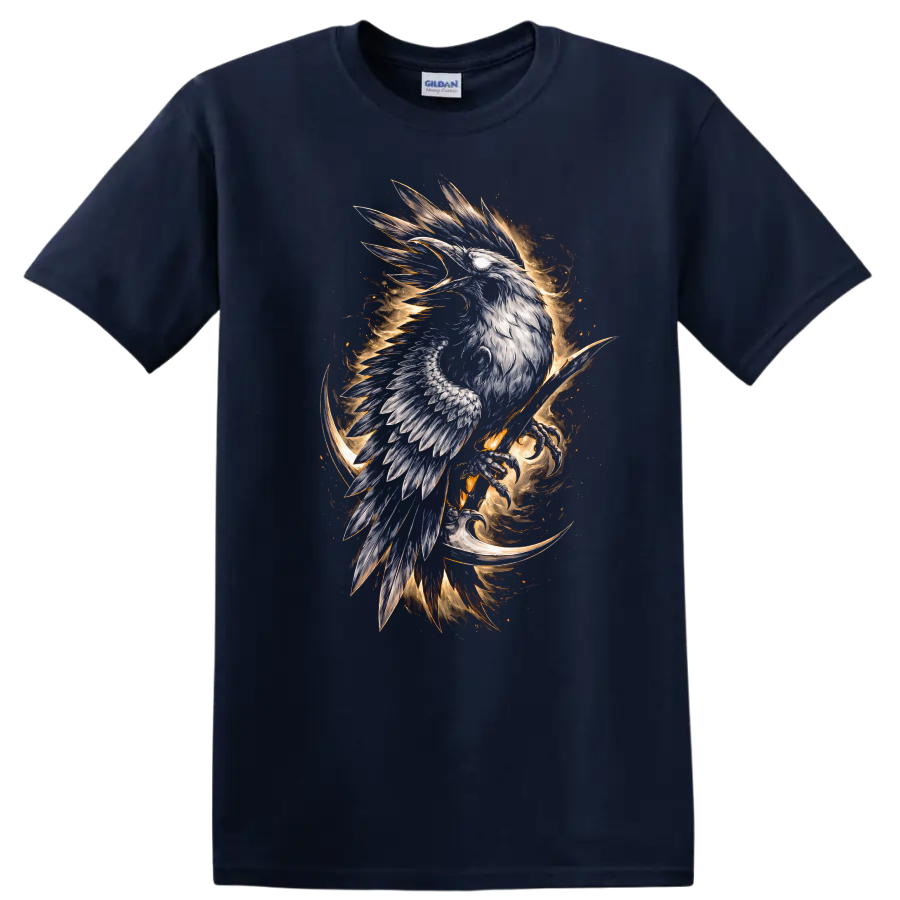 Mystic Phoenix Raven Bird Fire Wings Graphic T Shirt - Navy (Blue)