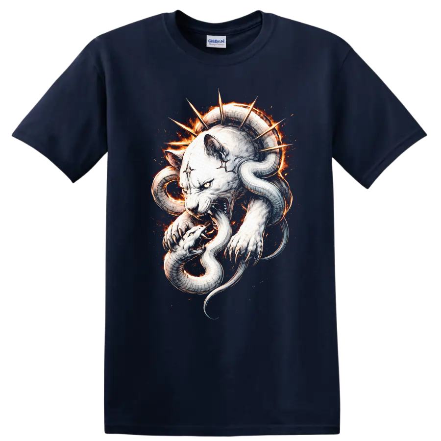 White Panther and Snake Flame Art T Shirt for Animal Lovers - Navy (Blue)