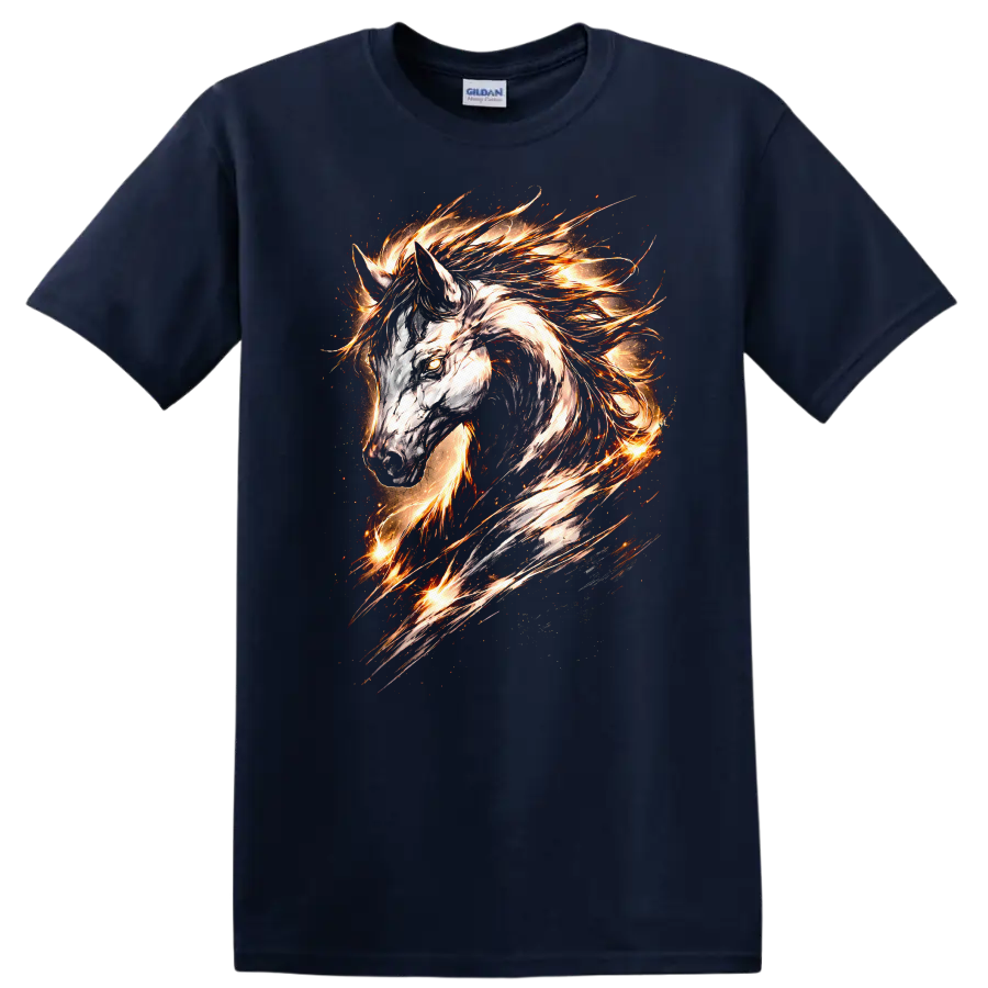 Fire Horse Head T Shirt Flaming Equine Animal Graphic Tee - Navy (Blue)