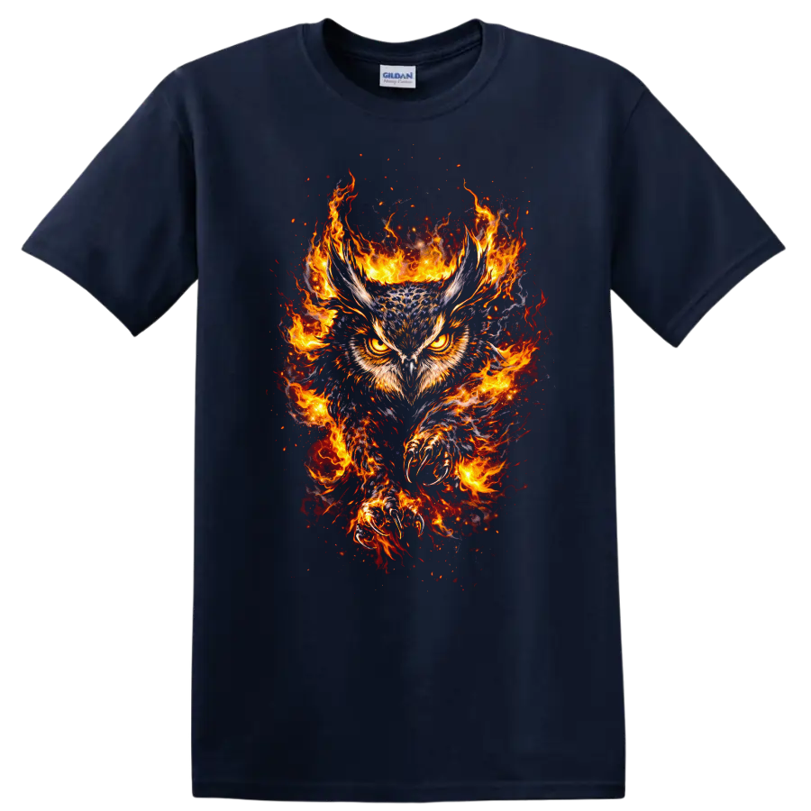 Fiery Owl with Flaming Wings Animal Graphic T Shirt - Navy (Blue)