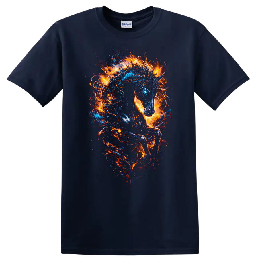 Fiery Blue and Orange Horse Art T Shirt for Animal Lovers - Navy (Blue)