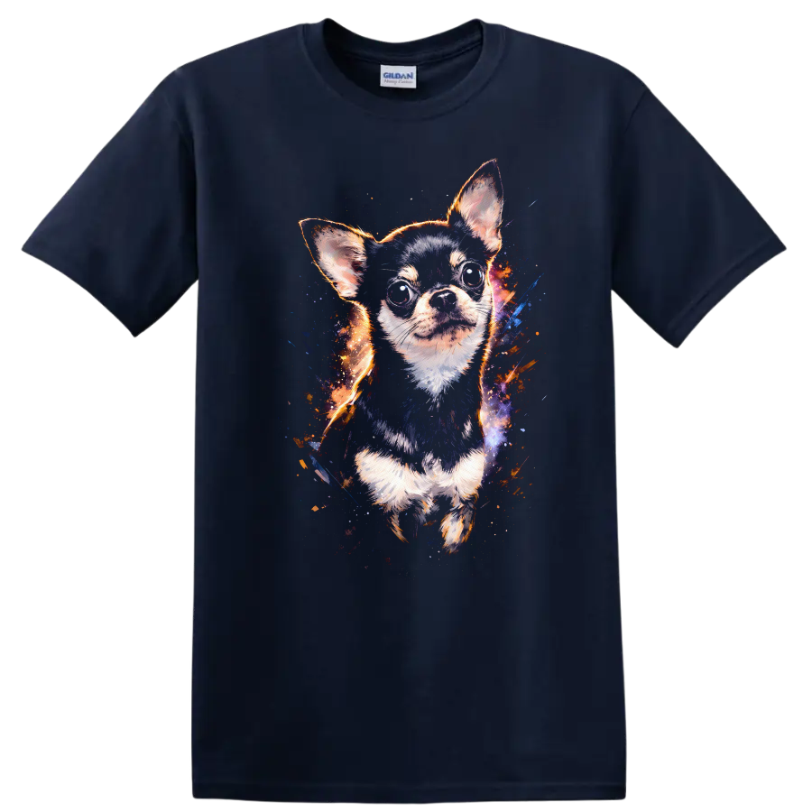 Colorful Chihuahua Portrait T Shirt for Dog Lovers Vibrant Splash Art on a Navy (Blue) T Shirt