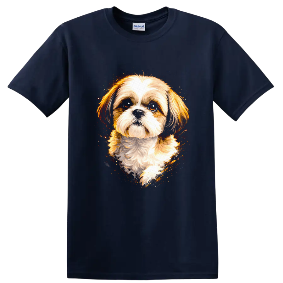 Shih Tzu Dog Portrait Watercolor Splash T Shirt on a Navy (Blue) T Shirt