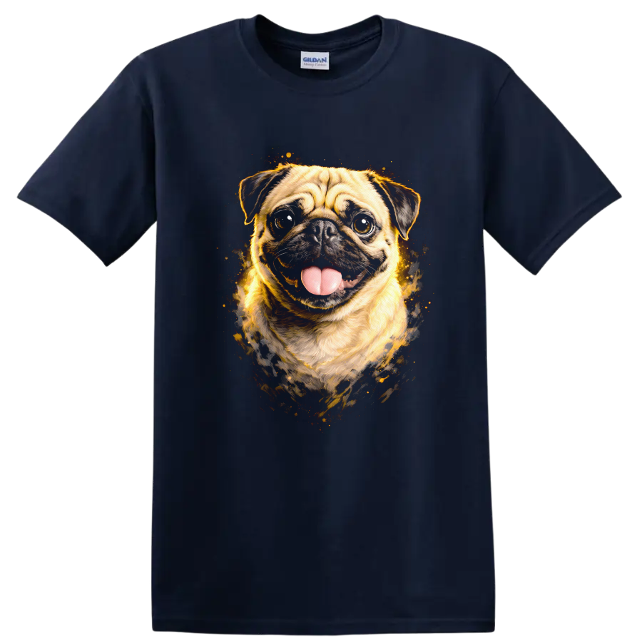 Funny Pug Dog Portrait Splash Art T Shirt for Dog Lovers on a Navy (Blue) T Shirt