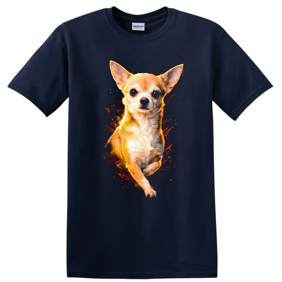 Chihuahua Dog Portrait Fire Burst Graphic T Shirt for Dog Lovers on a Navy (Blue) T Shirt
