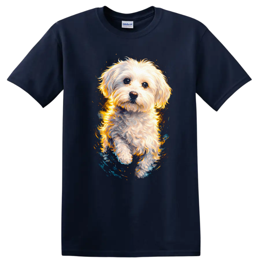 Fluffy White Dog Portrait T Shirt for Dog Lovers and Pet Fans on a Navy (Blue) T Shirt