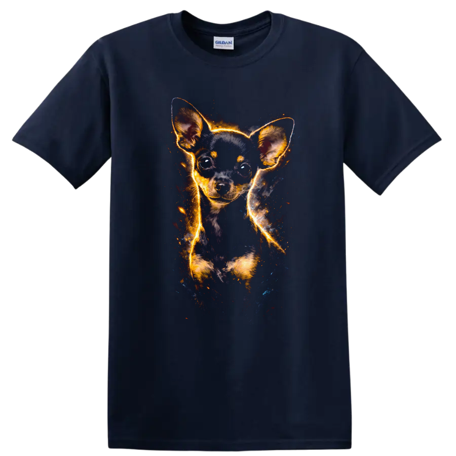 Glowing Chihuahua Puppy Portrait T Shirt for Dog Lovers on a Navy (Blue) T Shirt